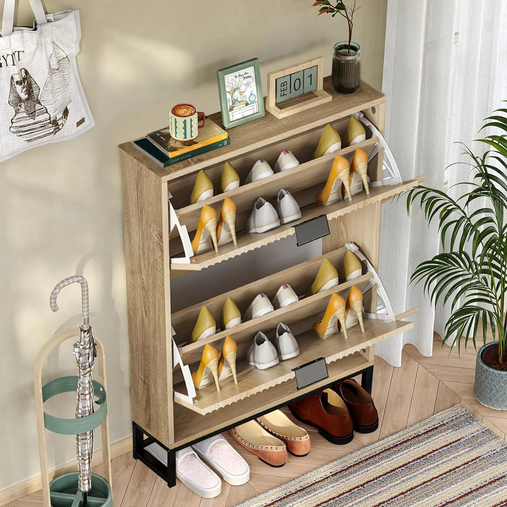 Oubayajia Modern Shoe Storage Cabinet, Wood Shoe Rack Organizer with 2 Flip Drawers, Freestanding Narrow Shoe Cabinet for Entryway Hallway, Natural