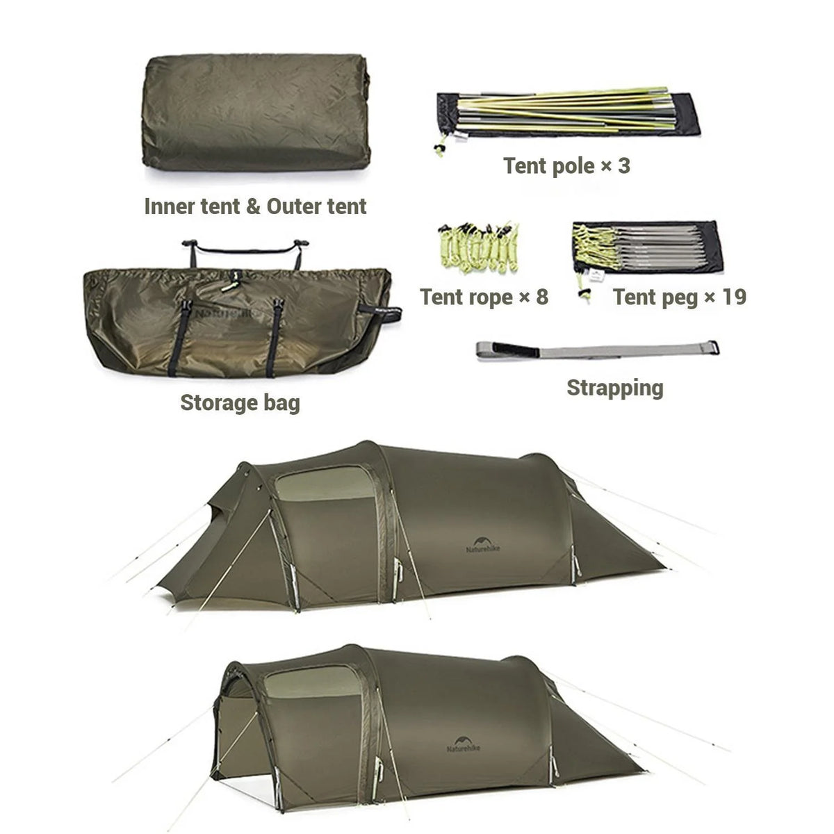 Naturehike, Ultralight Hiking Tent, Tear-resistant Tunnel Tent, Waterproof Camping Tent, Windproof Tent with Hall, 15D Lightweight Silicone-coated Nylon Fabrics,Large size for 2/3 Person.
