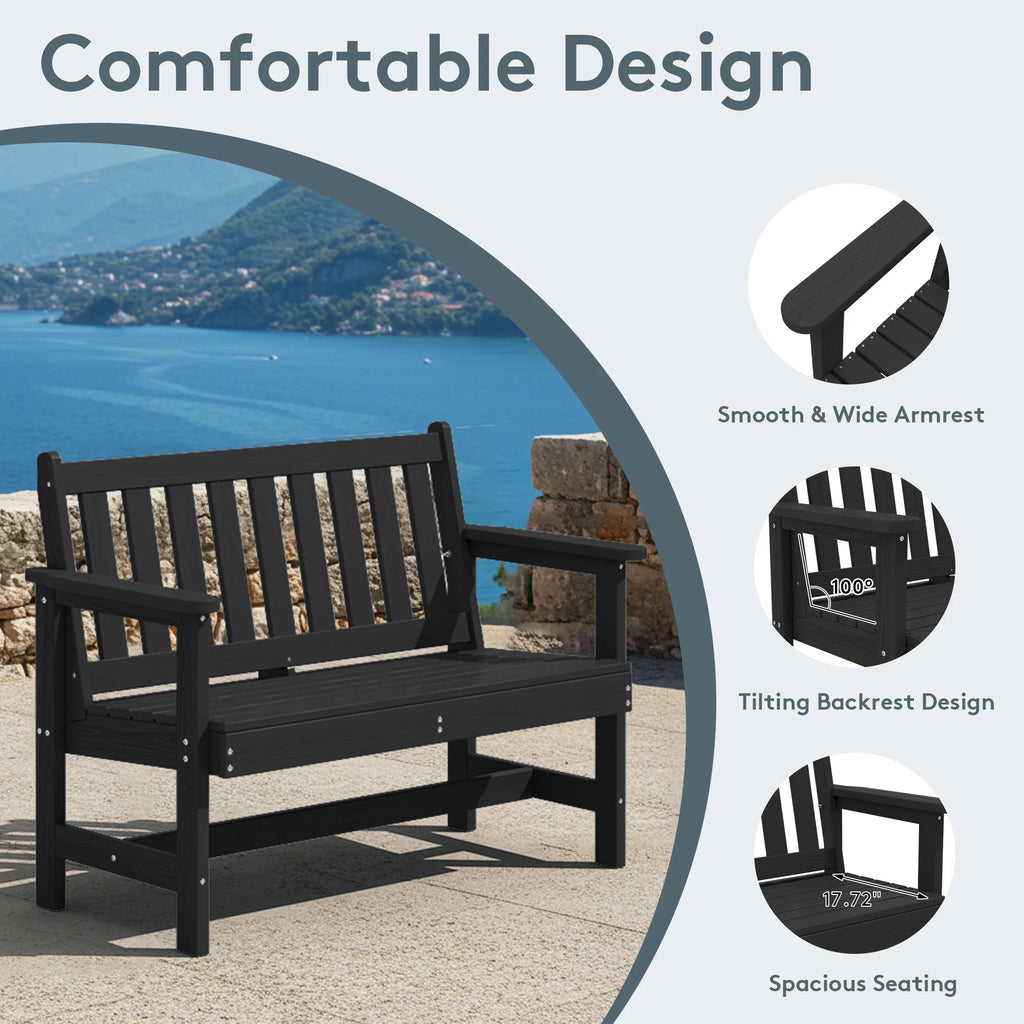 SERWALL Outdoor Bench for 2-Person, Weather-Resistant HDPE with Aluminum Reinforcement, Supports 660 lbs, Comfortable Seating for Patio, Garden, and Porch, Black