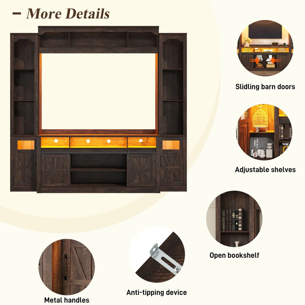 Farmhouse Wall Unit TV Stand with Storage for TVs up to 75", Large Entertainment Center with Bookshelves, LED Light & Power Outlet for Living Room