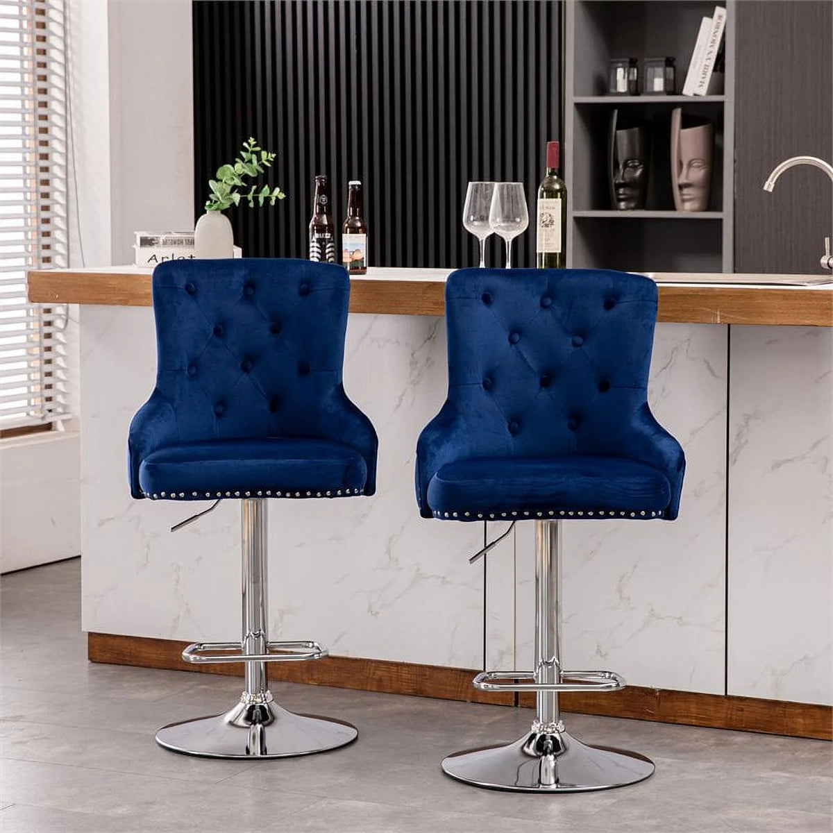 Alexent  2PCS Swivel Bar Stools, High Back, Button Tufted, Silver Footrest and Nailhead Trim Swivel Bar Chairs for Kitchen, Bar Velvet Upholstered Bar Stools, Dark Blue