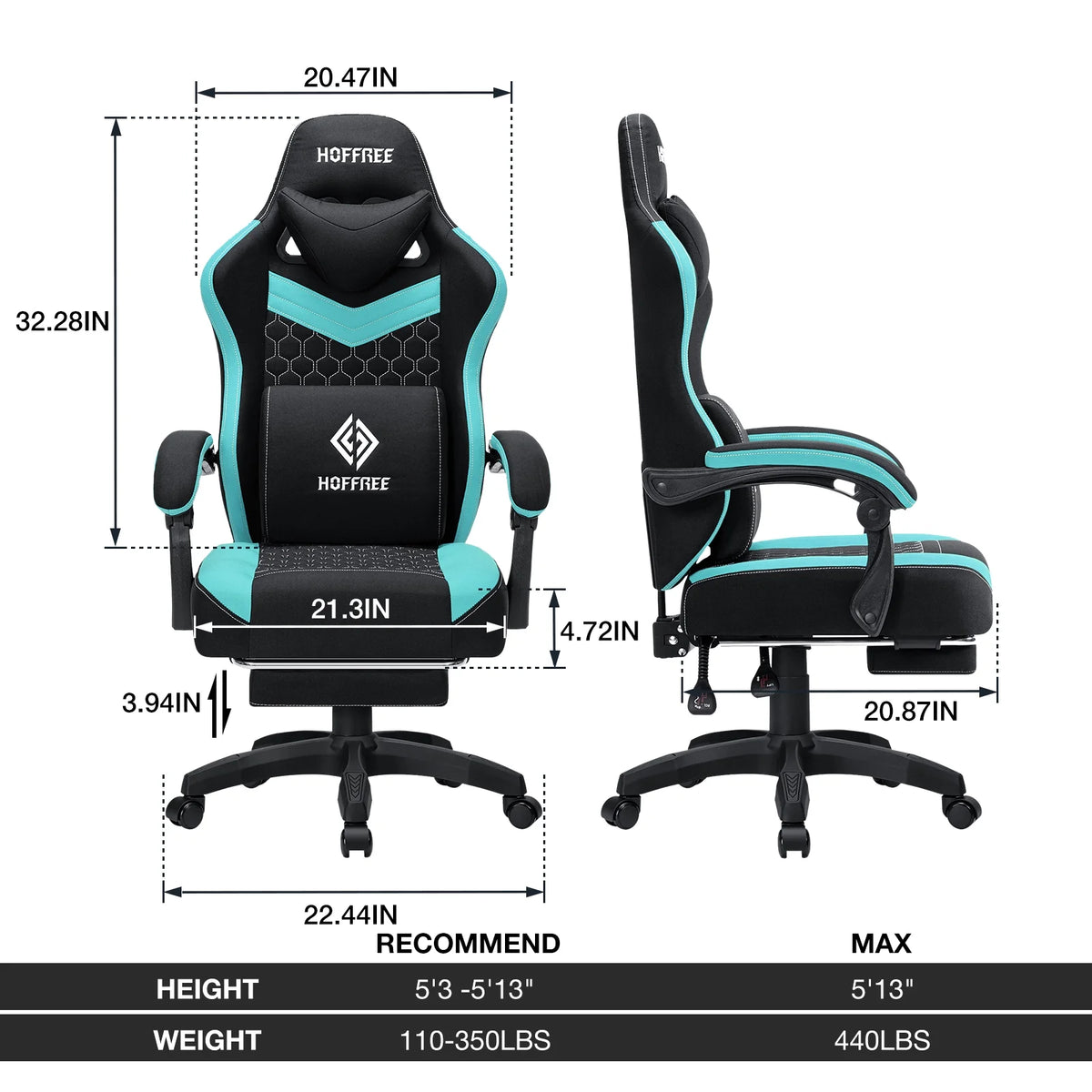 Hoffree Gaming Chair with Massage Fabric Office Chair with footrest for Adults, Ergonomic Gamer Chair with Headrest and Lumbar Support for Office Gaming, 440 LBS