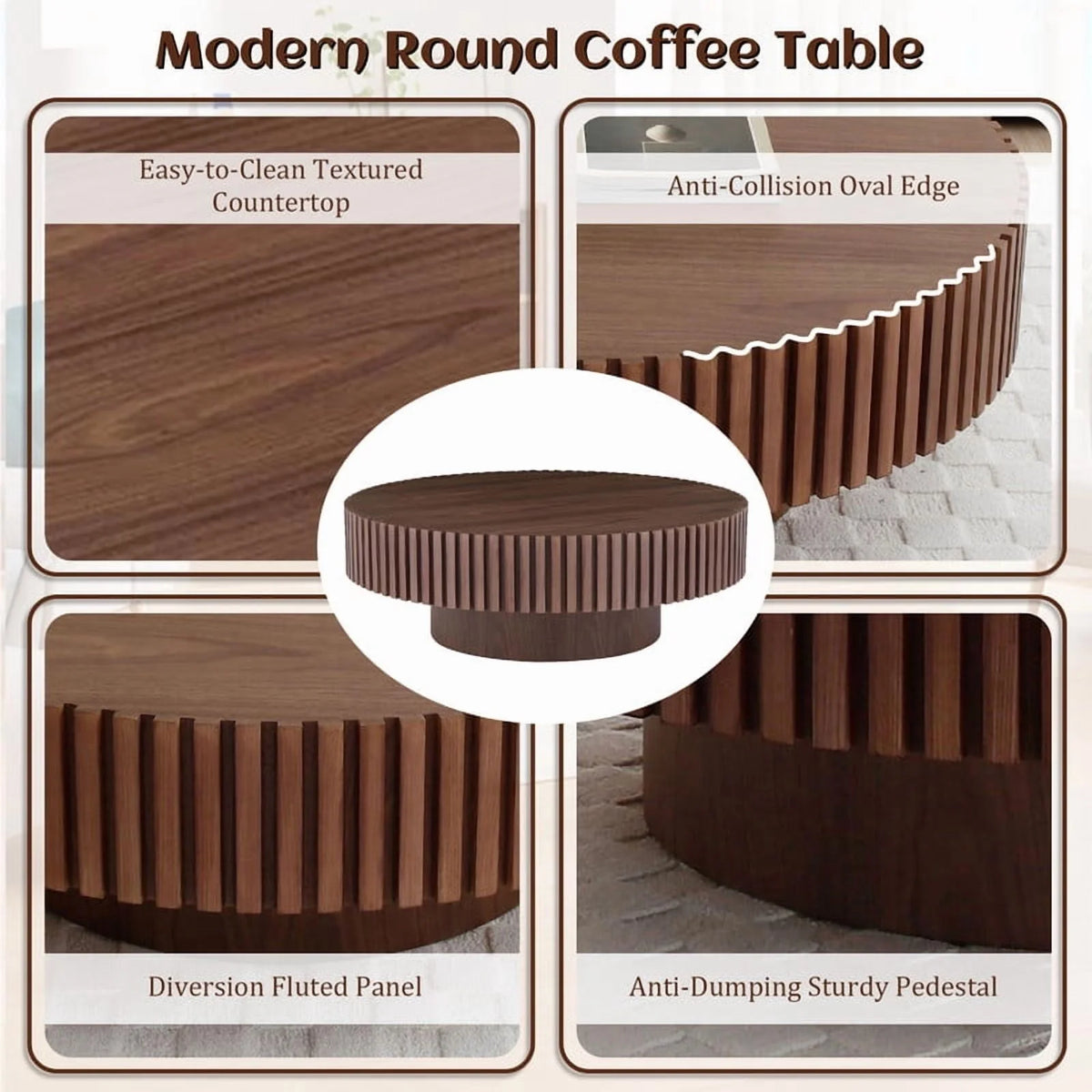 FFH 43.7 inch Oval Coffee Table for Living Room,Handcraft Rustic Corner Coffee Table Nature Wood Relief Sturdy Pedestal for Apartmen,Side Table Centre Table,Nature Wood