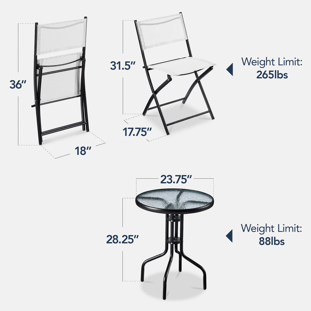 Best Choice Products 3-Piece Patio Bistro Dining Furniture Set w/ Glass Tabletop, Folding Chairs - Gray