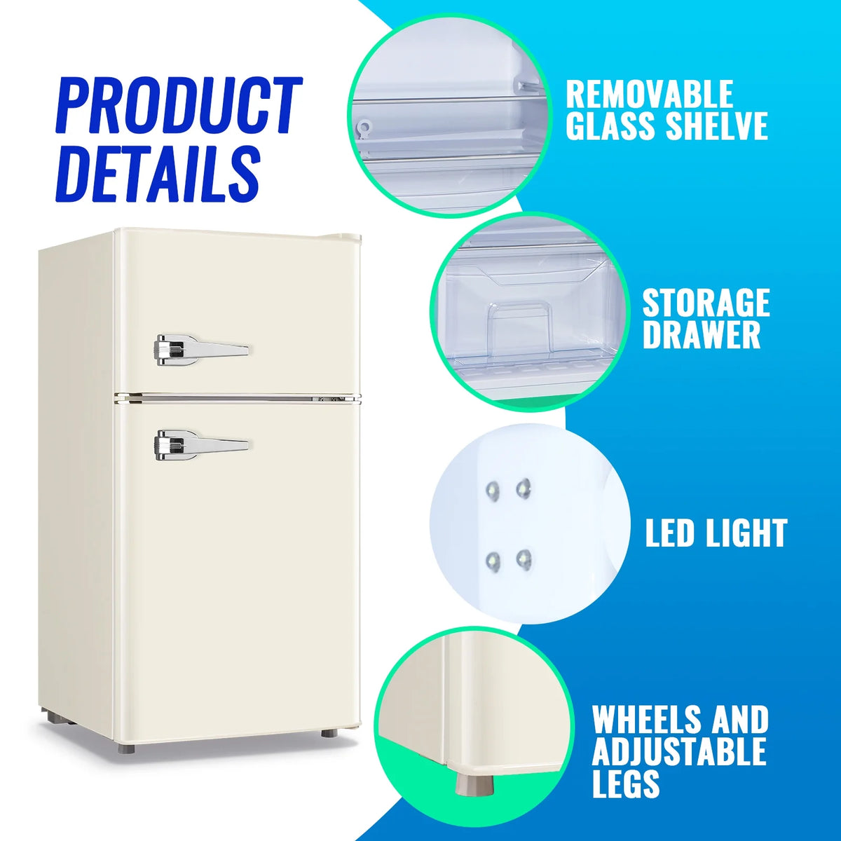 Tacool 3.5 Cu.ft Retro Mini Fridge with Freezer, 2 Door Small Refrigerator with 7 Adjustable Thermostat for Home, Blue