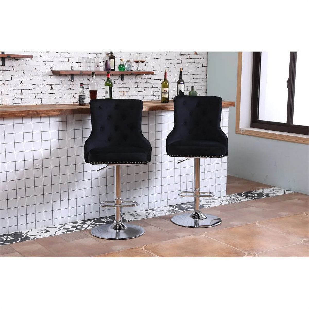 Alexent  2PCS Swivel Bar Stools, High Back, Button Tufted, Silver Footrest and Nailhead Trim Swivel Bar Chairs for Kitchen, Bar Velvet Upholstered Bar Stools, Dark Blue
