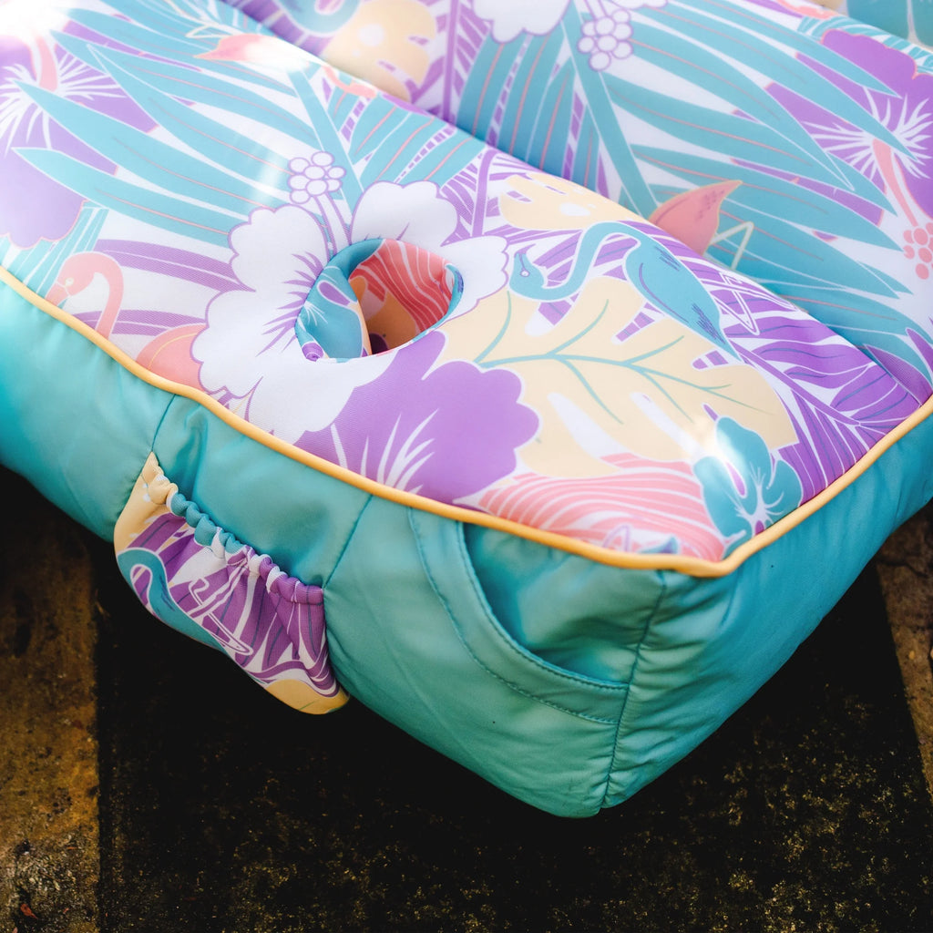 Big Joe Captain's Float No Inflation Needed Pool Lounger with Drink Holder, Tropical Hibiscus Aqua Double Sided Mesh, Quick Draining Fabric, 3 feet