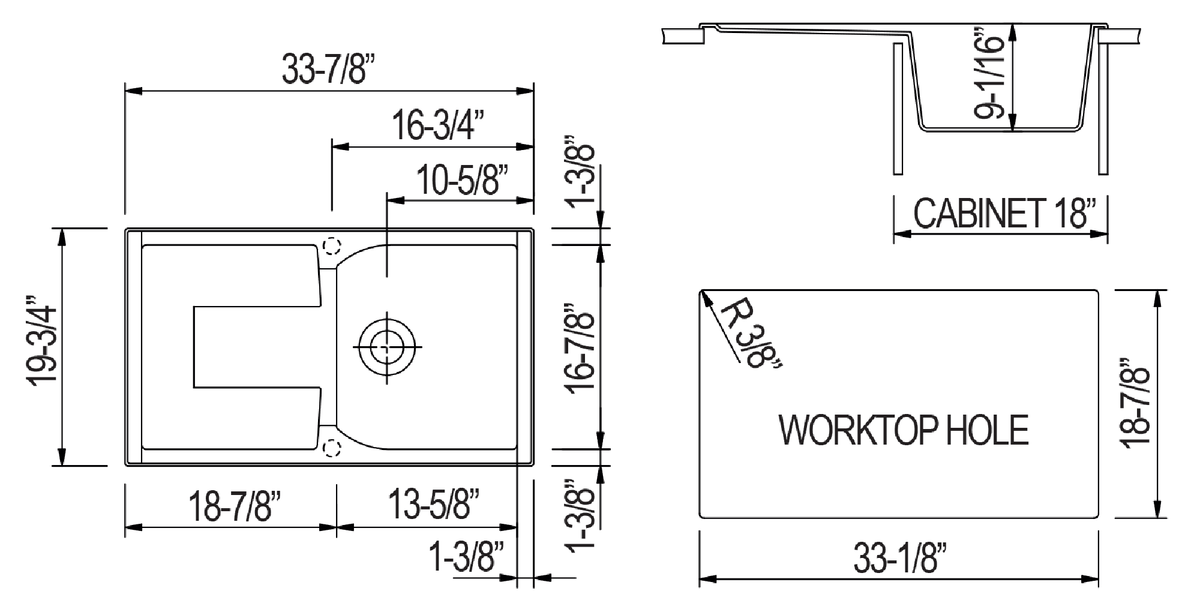 ALFI brand AB1620DI-BLA Black 34" Single Bowl Granite Composite Kitchen Sink with Drainboard