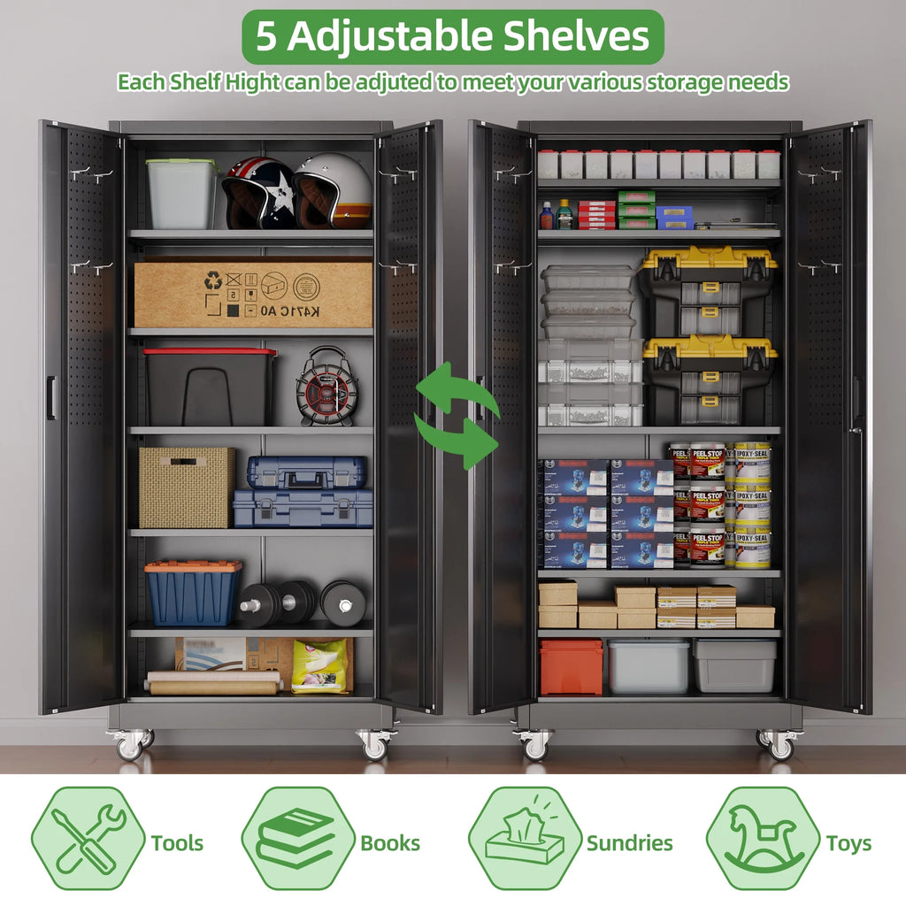 SUPEER Metal Rolling Storage Cabinets with Locking Doors and 5 Adjustable Shelves, Steel Garage Storage Cabinet for Garage, Office, Classroom, Assemble Required(Black)