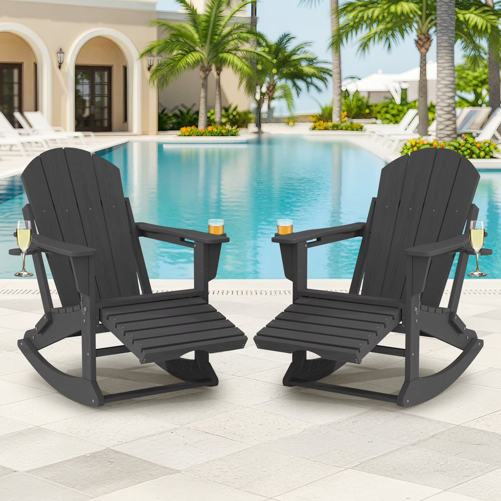 KINGYES Folding Adirondack Rocker Chair Set of 2 W/ Footrest & Dual Cup Holders, HDPE Outdoor Patio Rocking Chair, Black