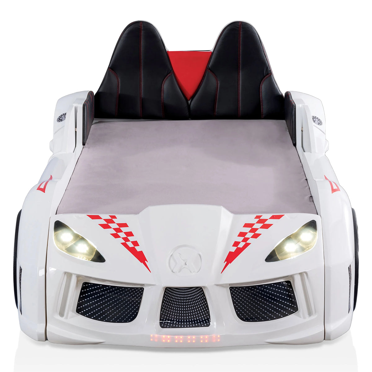 Furniture of America Dash Kids Plastic Twin Race Car Bed with LED and Sound, White