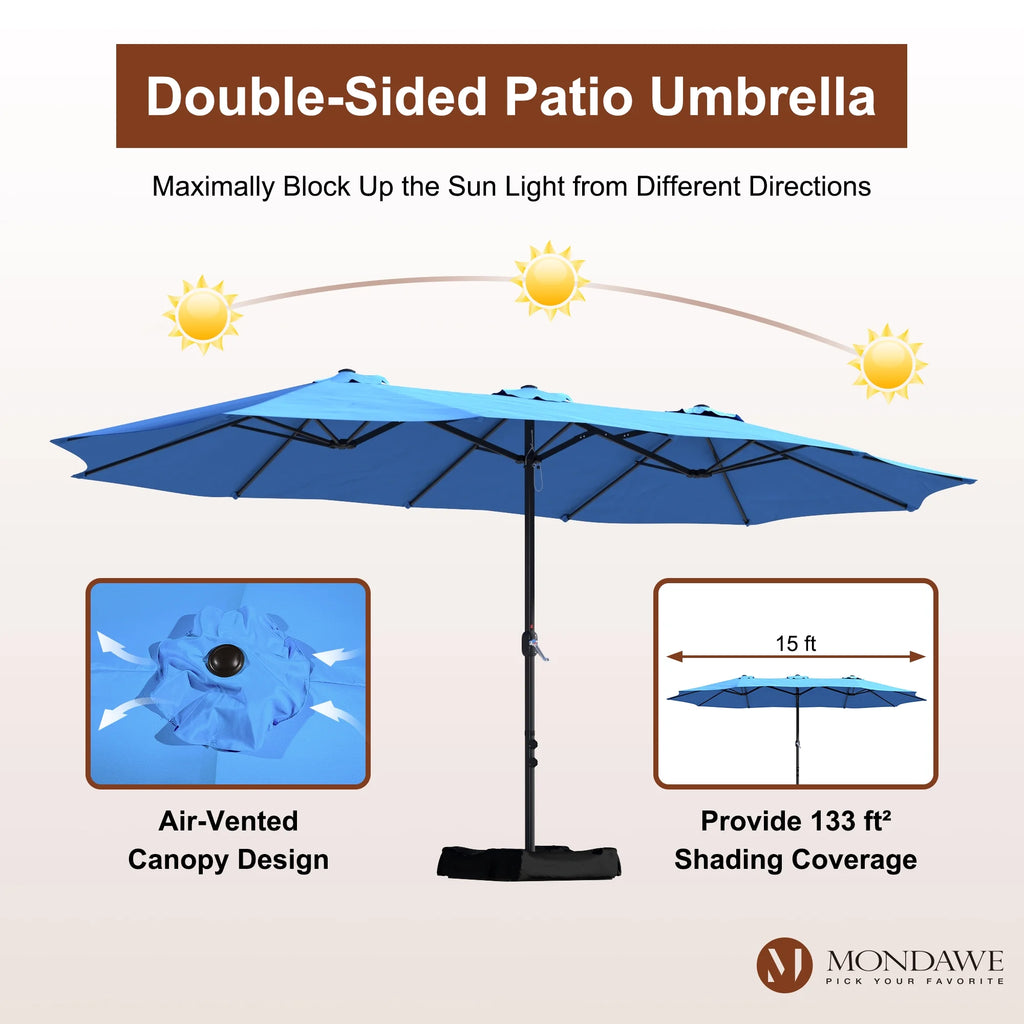 Mondawe 15ft Patio Umbrella Rectangular Outdoor Market Umbrella with Base and LED Lights Beige