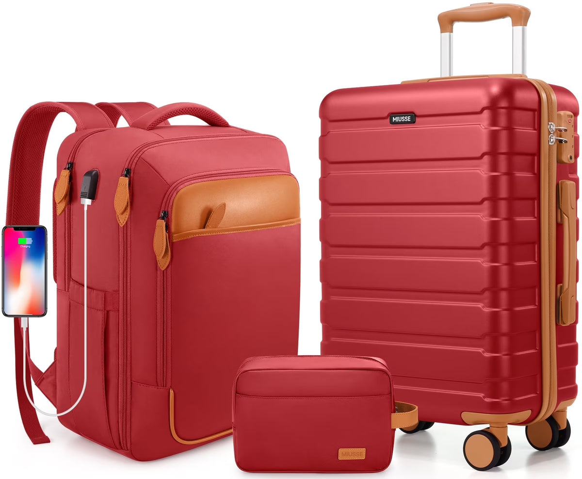 MIUSSE Carry on Luggage Set 3 Piece Hard Shell Luggage Sets with Spinner Wheels TSA Lock Carry on with Backpack Set