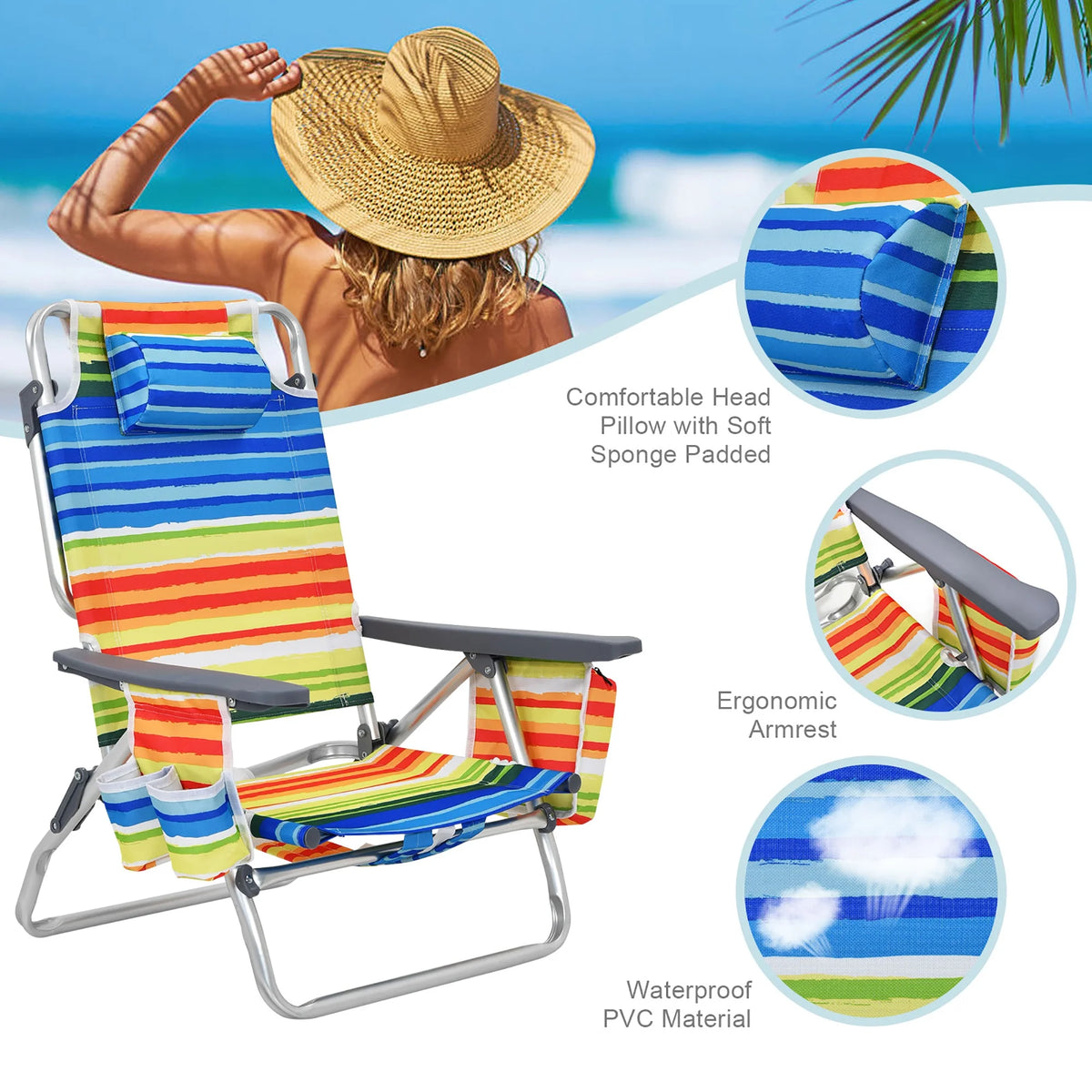 Costway 2-Pack Folding Backpack Beach Chair Table Set 5-Position Outdoor Reclining Chair Pink