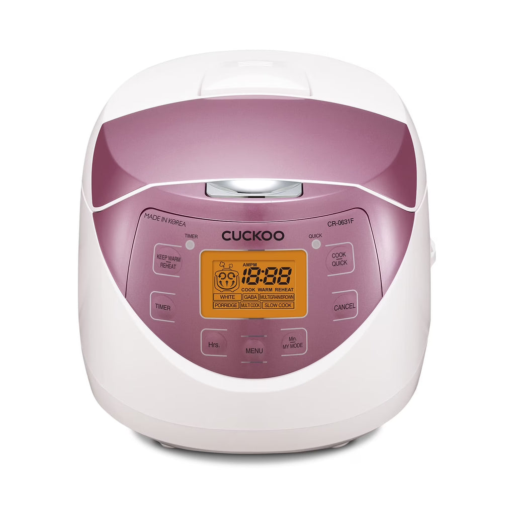 CUCKOO Rice Cooker 12 Cups Cooked Warmer with Nonstick Pot 7 Menu Options and Micom Fuzzy Logic Tech in White/Pink (CR-0631F)