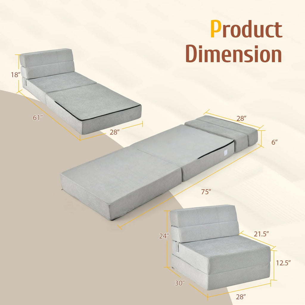 Costway Tri-Fold Fold Down Chair Flip Out Lounger Convertible Sleeper Bed Couch Dorm Grey