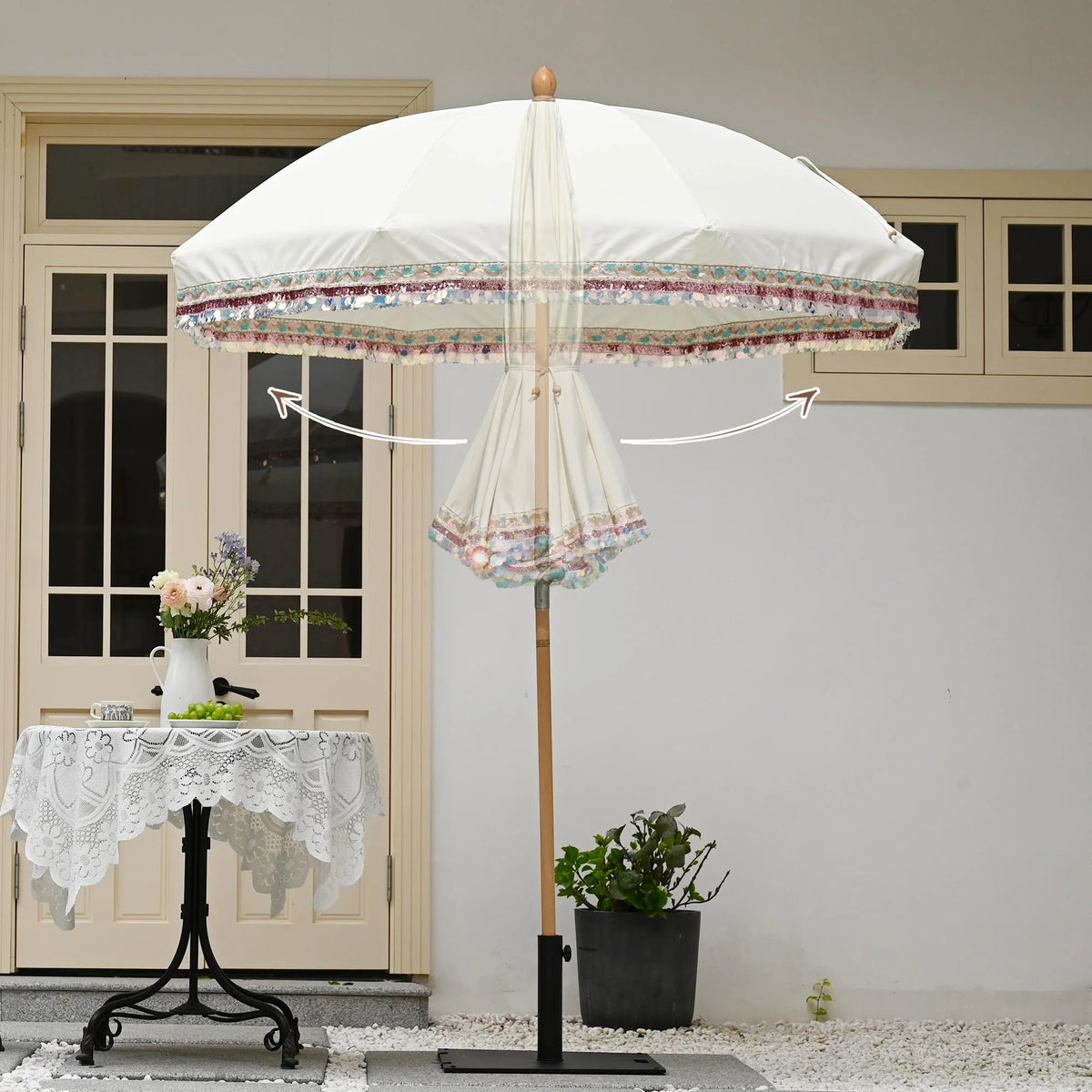 LAGarden 6 Ft Fringe Patio Umbrella with Tassel Jazz Age Wood UPF50+ for Outdoor, Beige with gold tassel,Model: JZ6-01