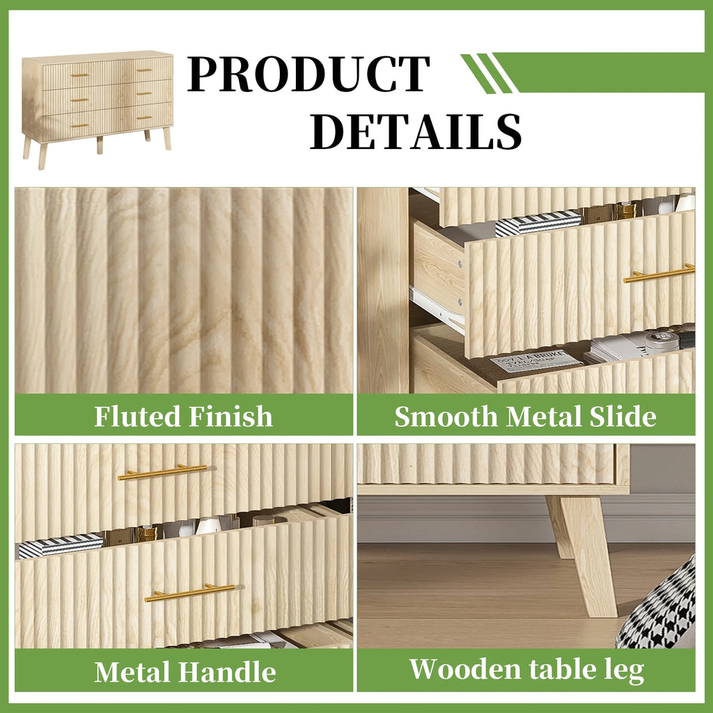 Fluted 6 Drawers Dresser, Wide Modern Chest of Drawers, 6 Drawer Double Dresser