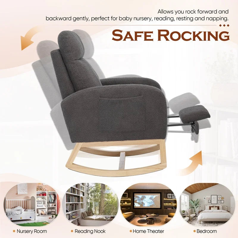 FFH Rocking Chair Nursery, Tufted Accent Rocker Chair, Upholstered Armchair with Adjustable Footrest, Side Pocket, High Backrest, Padded Seat, Polyester Blend (Retro, Dark Gray)