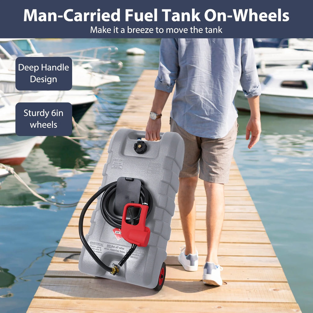 15 Gallon Fuel Caddy, Portable Gas Fuel Tank Container with LE Fluid Transfer Siphon Pump and 10ft. Delivery Hose, Diesel Storage Can On-Wheels for Cars, Lawn Mowers, ATVs, Boats, Gray