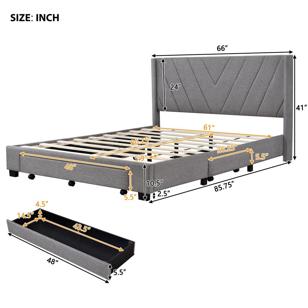 Sesslife Queen Bed Frame with Storage, New Upgraded Linen Upholstered Platform Bed with 3 Drawers, Queen Size Storage Bed with Headboard and Wooden Slats, No Box Spring Needed, Holds 500lbs, Beige