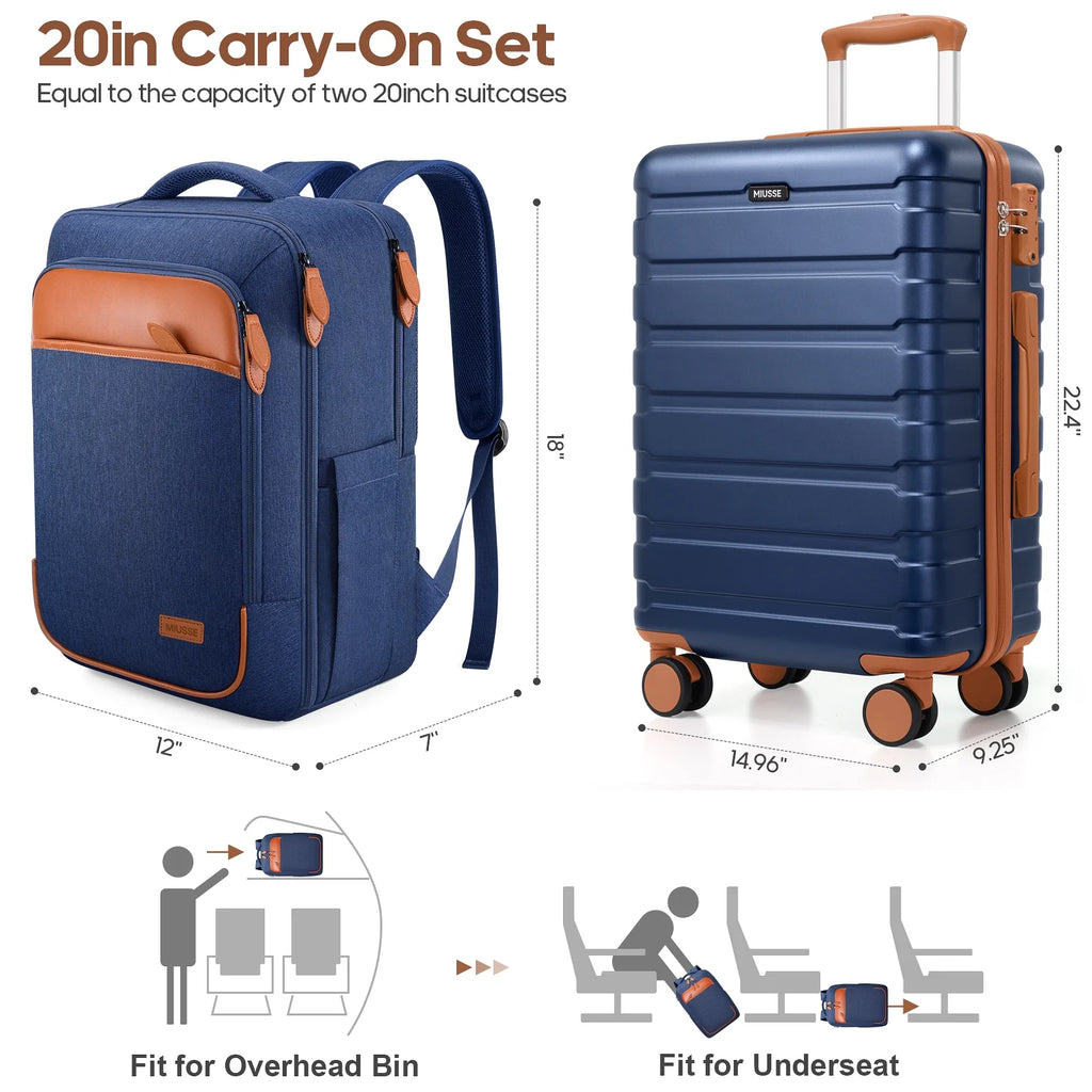 MIUSSE Carry on Luggage Set 3 Piece Hard Shell Luggage Sets with Spinner Wheels TSA Lock Carry on with Backpack Set