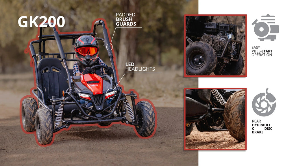 Coleman Powersports GK200 196cc Gas Powered Go-Kart, Two-Seater Off-Road Vehicle Up to 23 MPH, Rugged Suspension, Pull-Start Engine, Ages 13+, Red