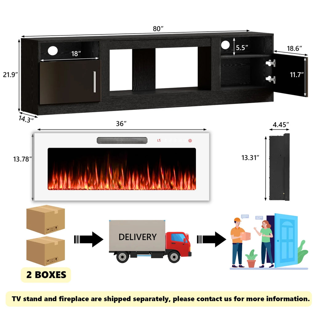 Waleaf Fireplace TV Stand with 36" Electric Fireplace Up to 80" TVs, Modern Wood Media TV Console with Highlight Cabinet, White