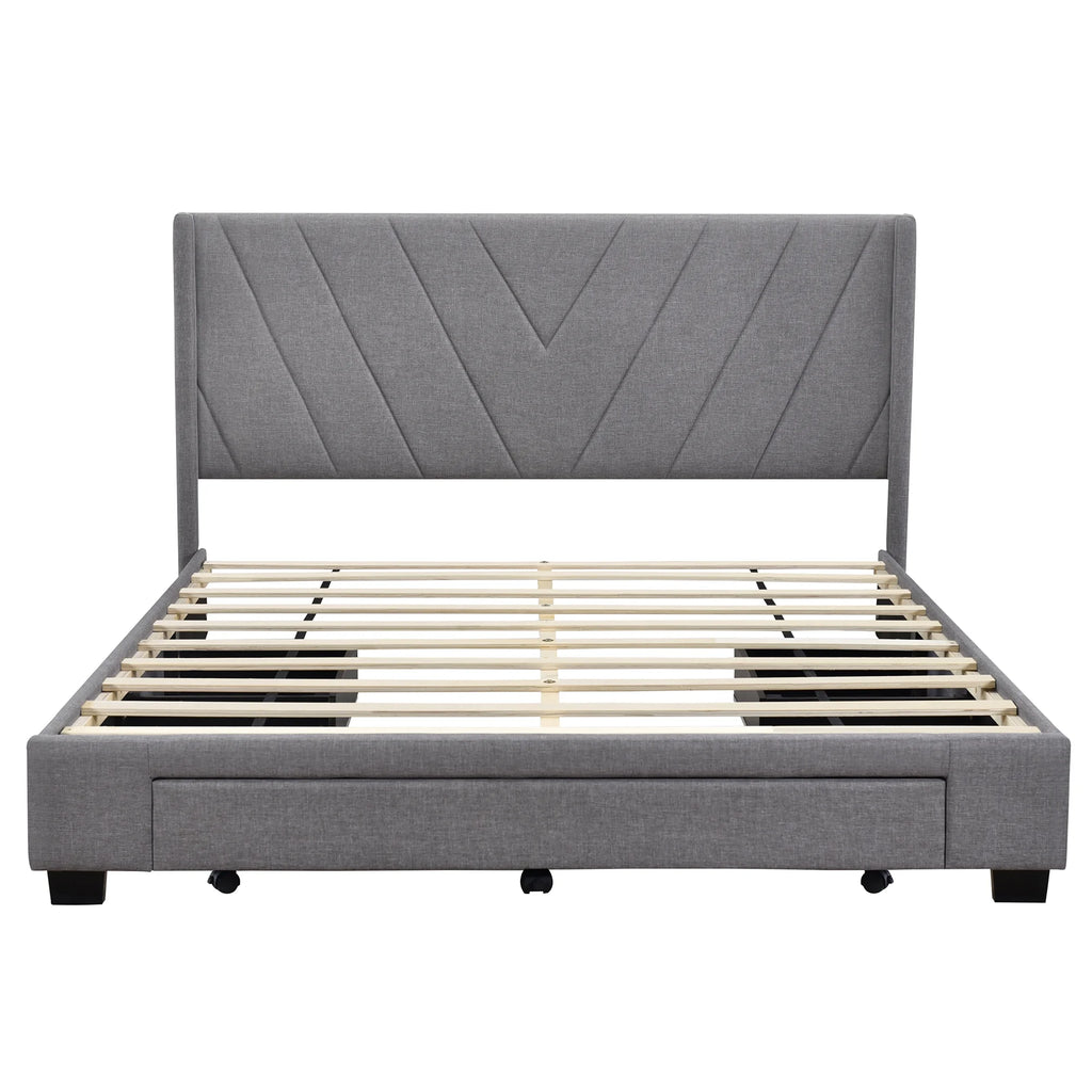 Sesslife Queen Bed Frame with Storage, New Upgraded Linen Upholstered Platform Bed with 3 Drawers, Queen Size Storage Bed with Headboard and Wooden Slats, No Box Spring Needed, Holds 500lbs, Beige