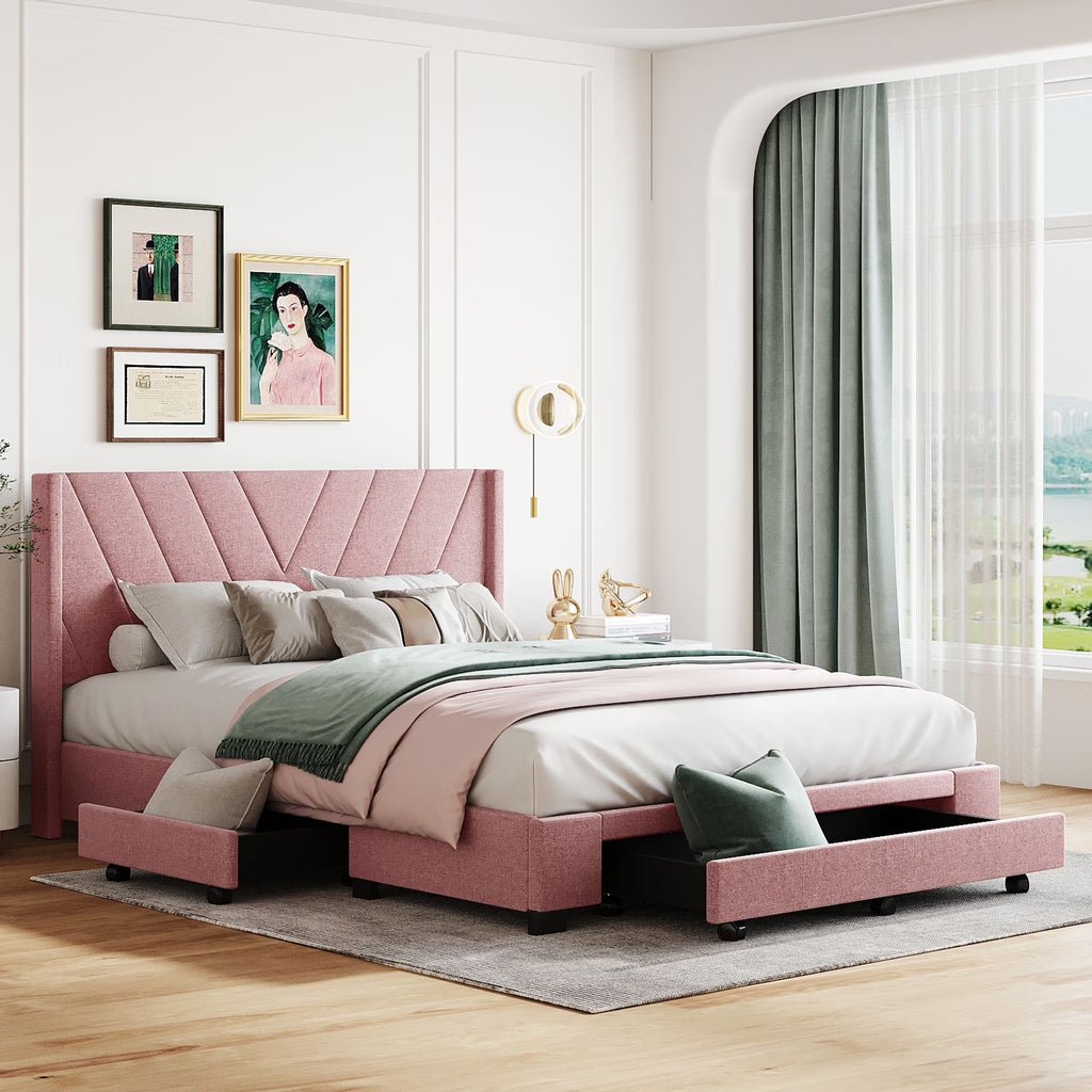 Sesslife Queen Bed Frame with Storage, New Upgraded Linen Upholstered Platform Bed with 3 Drawers, Queen Size Storage Bed with Headboard and Wooden Slats, No Box Spring Needed, Holds 500lbs, Beige