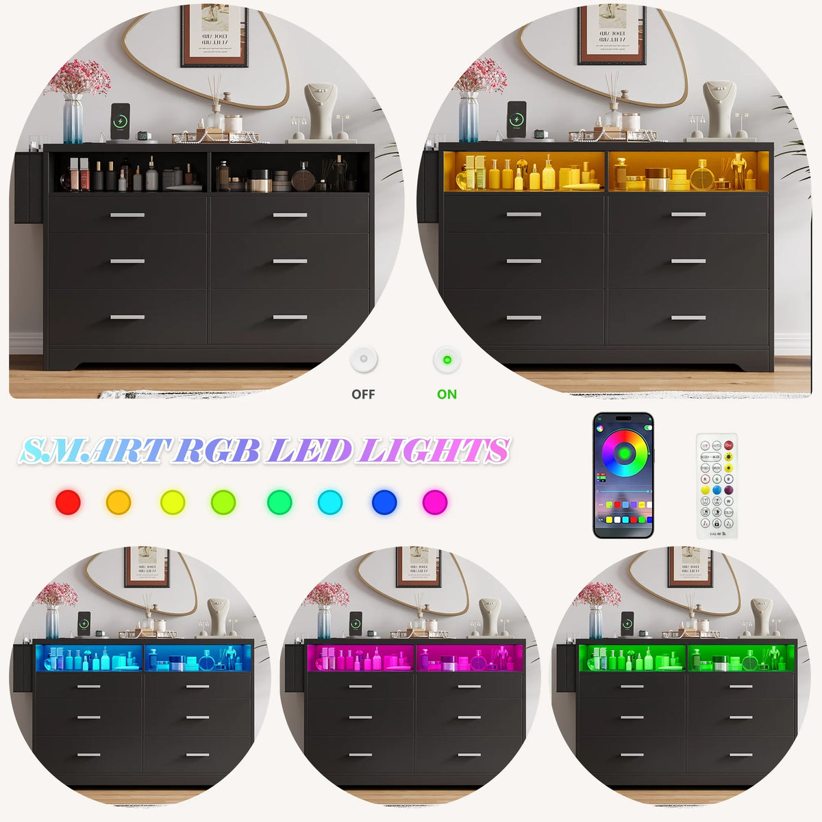 White Dresser for Bedroom,6 Drawers Dresserwith LED Lights and Charging Station, 47" Wide Bedroom Dresser Chest of Drawers Storage Organizer TV Stand for up to 55" TV for Living Room