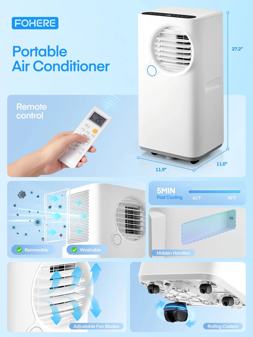 FOHERE 12000 BTU Portable Air Conditioner for Room Cooling and Heating, Covers up to 550 Sq. Ft, 4 IN 1 All Season AC Portable Air Conditioner with Remote Control and Window Kit, White