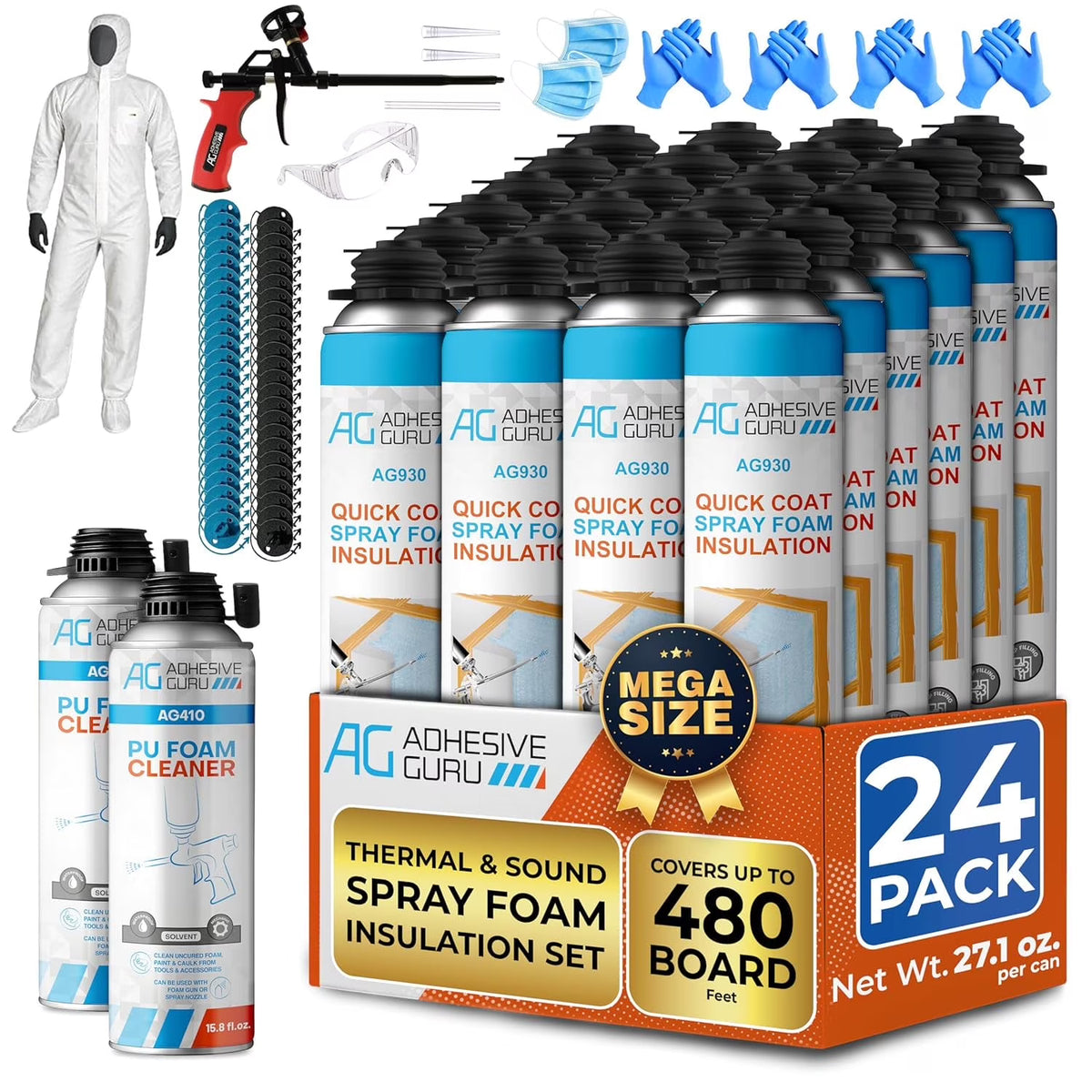 Adhesive Guru Spray Foam Insulation Kit (24 x 32.80 oz), Polyurethane Self-Expanding Spray Adhesive Foam, Closed Cell Heat Insulation and Acustic Spray with Cleaner and Dispensing Gun - 24 Pack