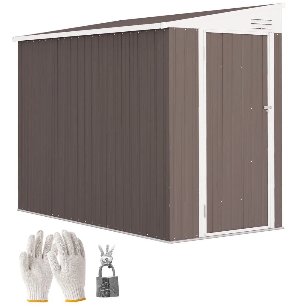 Outsunny 4' x 7.7' Steel Garden Storage Shed Lean to Shed Outdoor Metal Tool House with Lockable Door & Air Vents for Backyard Patio Lawn, Brown