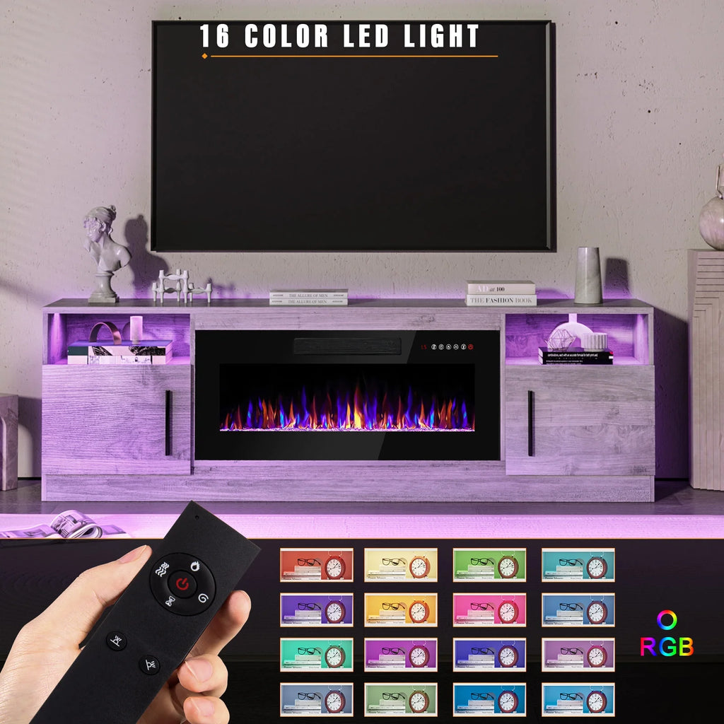 Waleaf Fireplace TV Stand with 18'' Fireplace for TVs up to 65 inch, Two Adjustable Glass Shelves