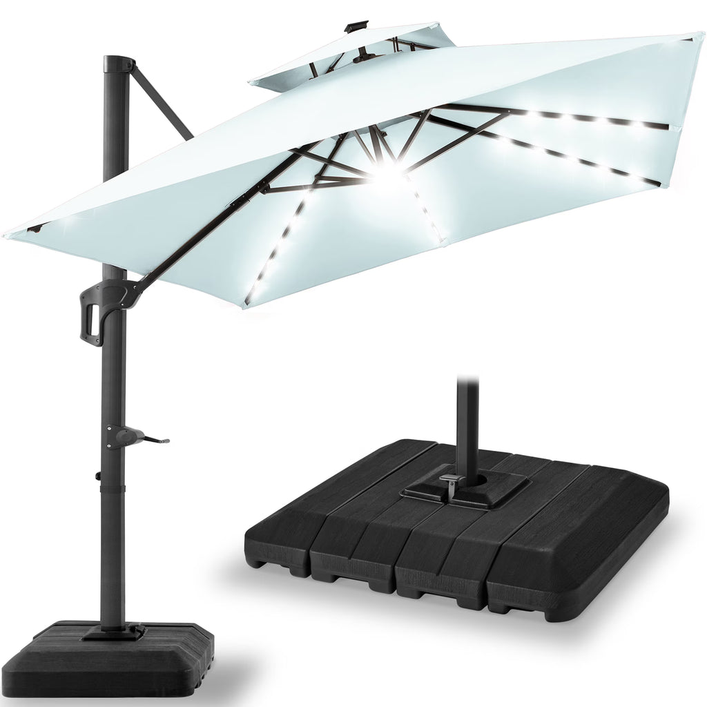 Best Choice Products 10x10ft 2-Tier Square Outdoor Solar LED Cantilever Patio Umbrella w/ Base Included - Tan