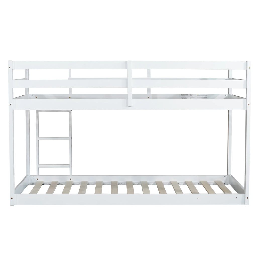 Twin Over Twin Floor Bunk Bed, UHOMEPRO Solid Wood Low Bunk Bed with Safety Rail, Ladder, Heavy Duty Bunk Beds, Space-Saving Bedroom Dorm Furniture, Gray