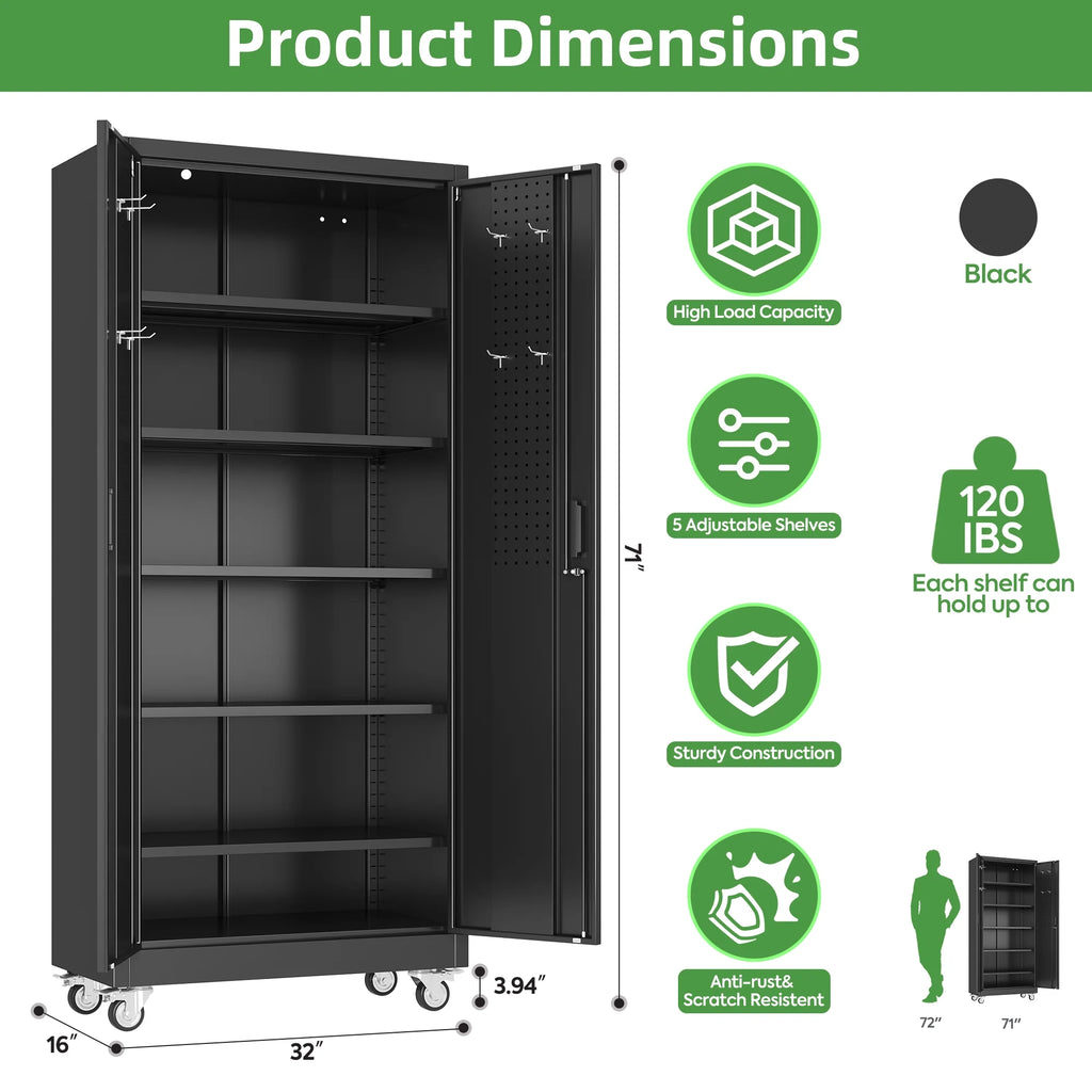SUPEER Metal Rolling Storage Cabinets with Locking Doors and 5 Adjustable Shelves, Steel Garage Storage Cabinet for Garage, Office, Classroom, Assemble Required(Black)
