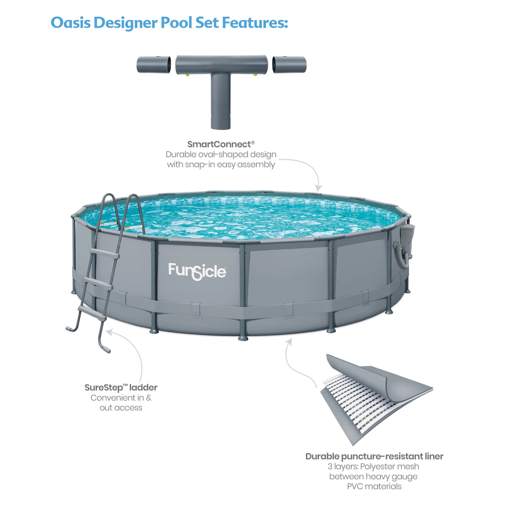 Funsicle 15ft Oasis Round Above Ground Metal Frame Swimming Pool, Includes SkimmerPlus Pump, Age 6 & up