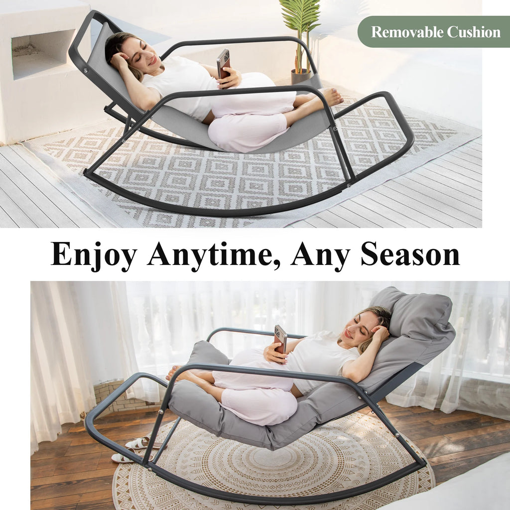 RADIATA Oversized Rocking Chair with Footrest, RADIATA Patio Papasan Rocking Recliner for Indoor Outdoor Use, Heavy Duty Wicker Lounge Chair, 450lbs, Beige