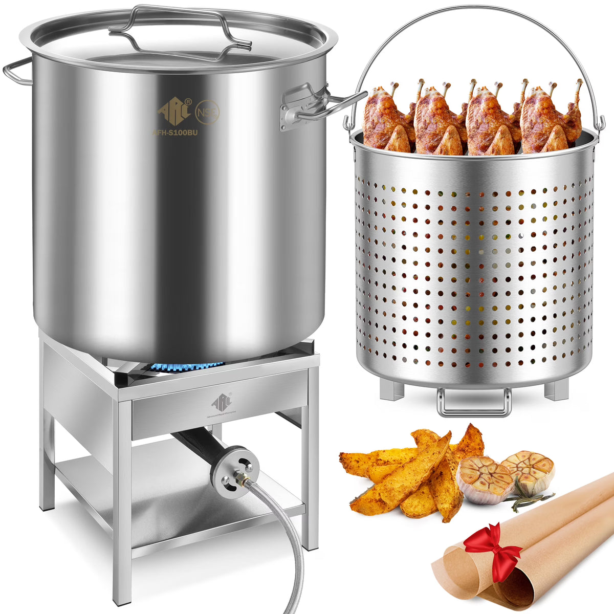 100QT Stainless Steel Seafood Boil Pot with 200,000BTU Propane Burner, w/Basket for Outdoor Deep Fryer, Large Cooking Pot for Turkey Fryer, Crab, Crawfish, Shrimp, Lobster Boiling Stock Pot