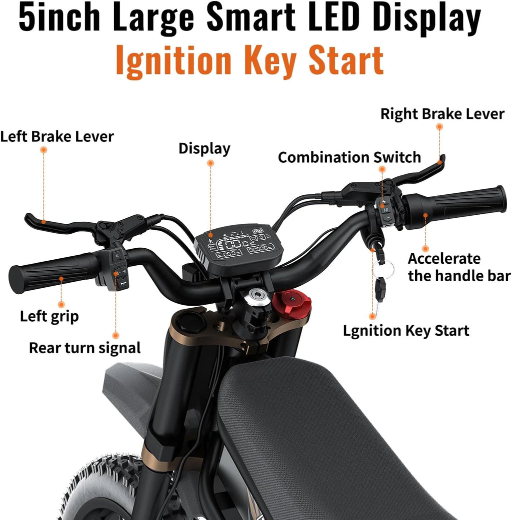 2000W Electric Dirt Bike for Adults Ridingtimes GT73 UL2849,Brushless Hub Motor,18.2AH*2 Electric Bike with 25\" tires digital screen Carbon Steel,Black