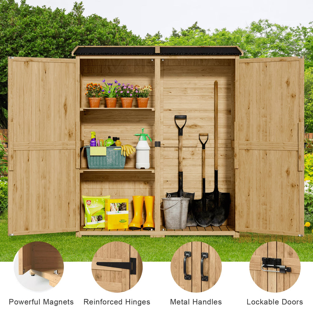63.2" Outdoor Storage Cabinet, Lofka  Lockable Doors Garden shed with Adjustable Shelves| Asphalt Roof| Ventilate Shutter, Wood Shed with Large Storage Space, Waterproof Roof for Garden, Natural
