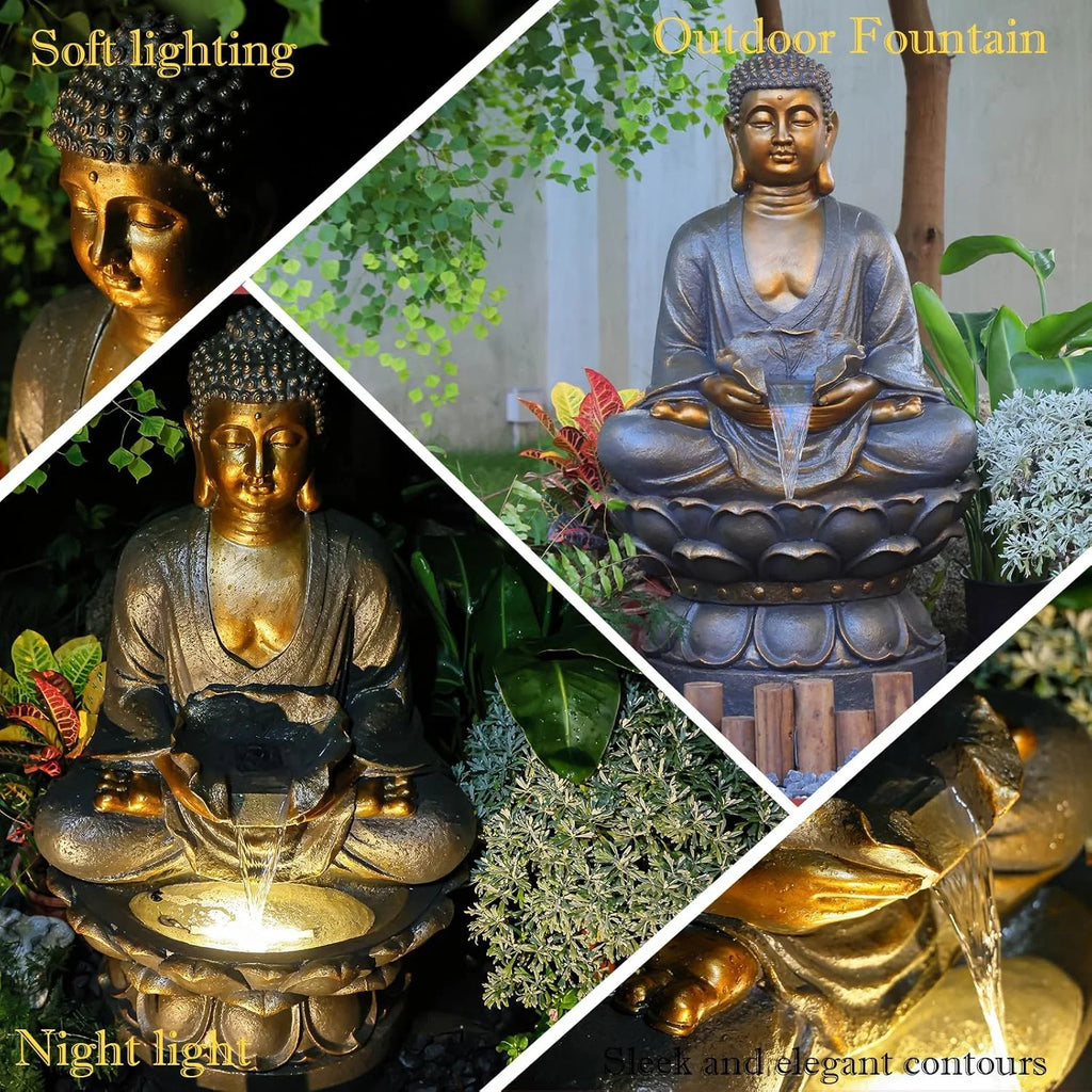 Buddha Water Fountain Outdoor Large Sitting Lotus Base Waterfall Fountains Zen Water Feature Indoor with LED Light for Garden Patio Backyard Deck Lawn Porch Balcony Home 45 inches Gold