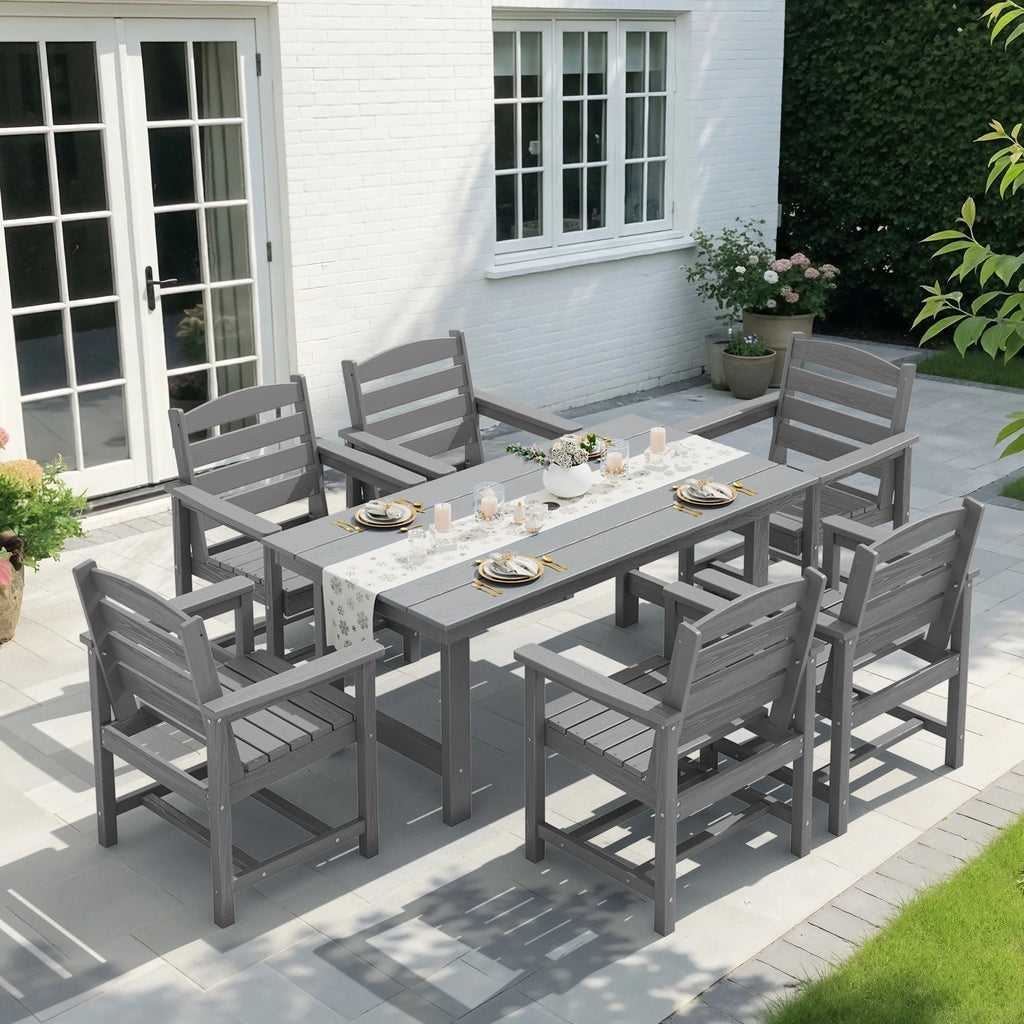 KINGYES 7-Piece Outdoor Dining Set, HDPE Patio Table and Chairs with Umbrella Hole, Gray