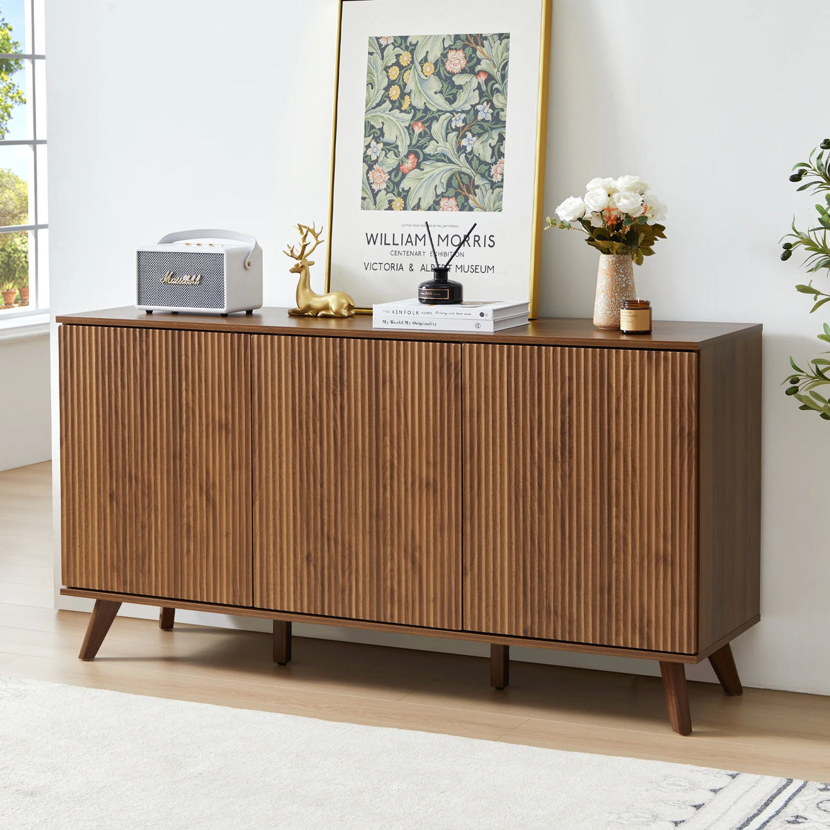 Wirrytor Sideboard Storage Cabinet with Doors and Shelves, Buffet Cabinet with Storage, Credenza Storage Cabinet for Kitchen, Wooden Fluted Cabinet, Under TV Cabinet with Storage - Black