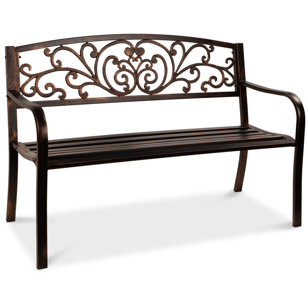 Best Choice Products Outdoor Steel Bench Garden Patio Porch Furniture w/ Floral Design Backrest - Black