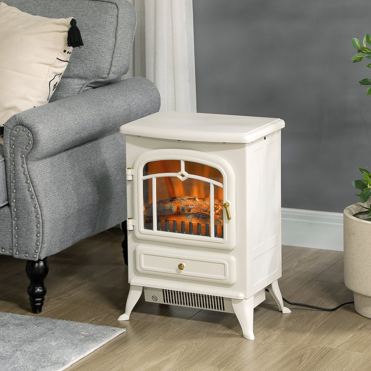 HOMCOM Electric Fireplace Heater with Realistic LED Flames Beige