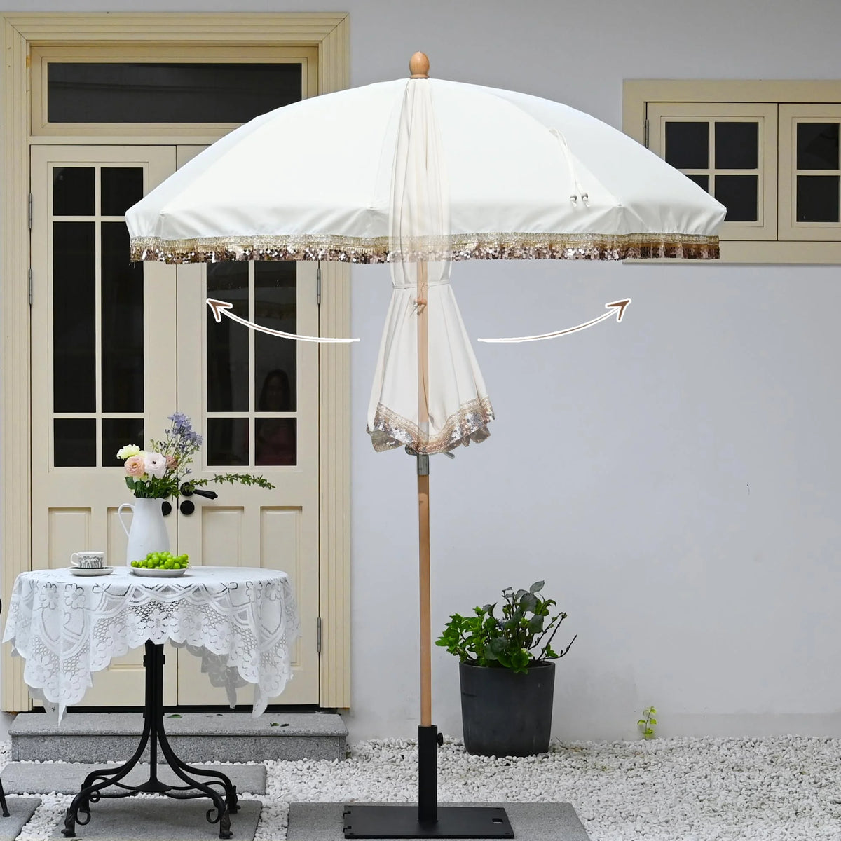 LAGarden 6 Ft Fringe Patio Umbrella with Tassel Jazz Age Wood UPF50+ for Outdoor, Beige with gold tassel,Model: JZ6-01