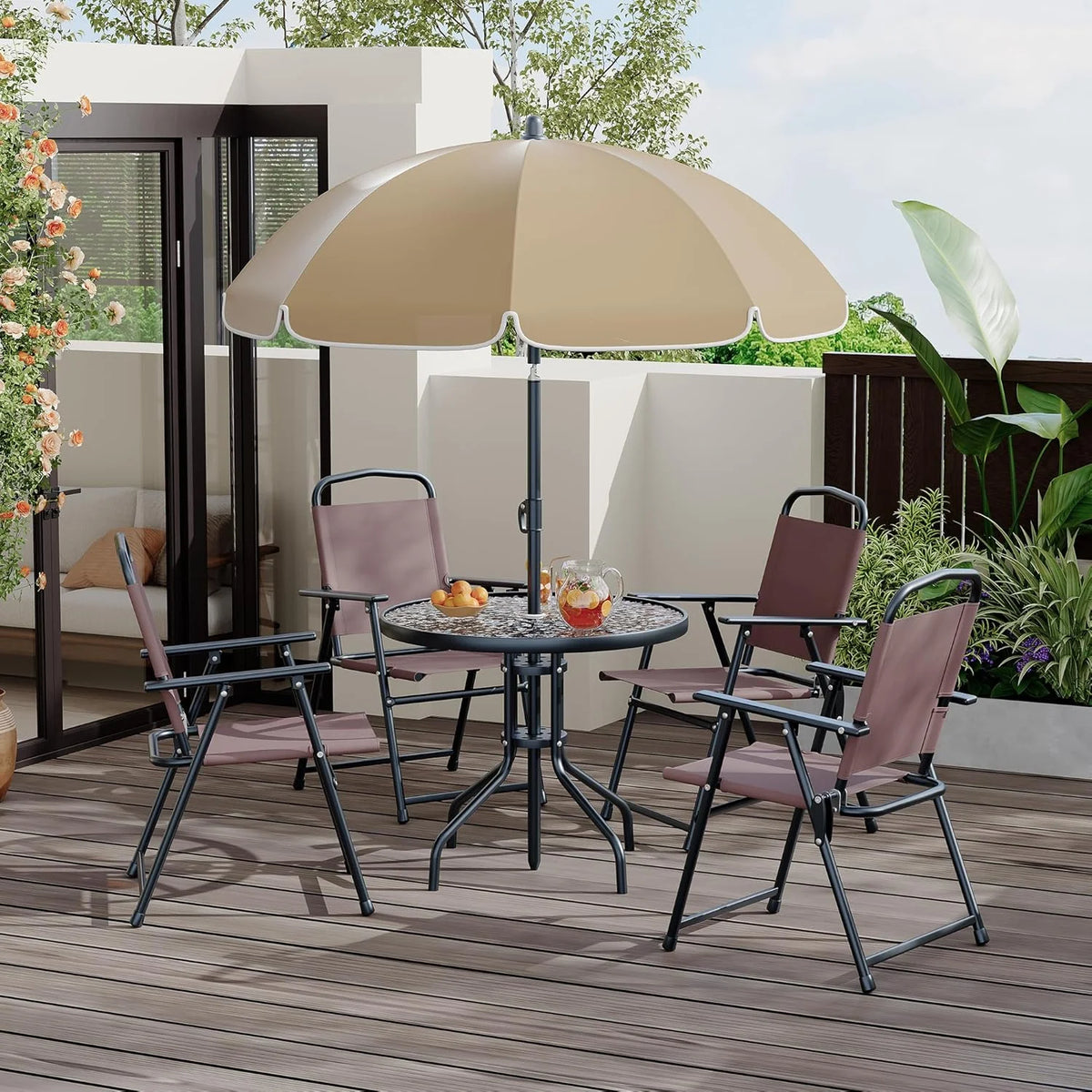 6 Pieces Outdoor Dining Set With Umbrella, Patio Table and 4 Folding Chairs With Umbrella, Garden Patio Furniture Set With Umbrellas, Tempered Glass Top Dining Table